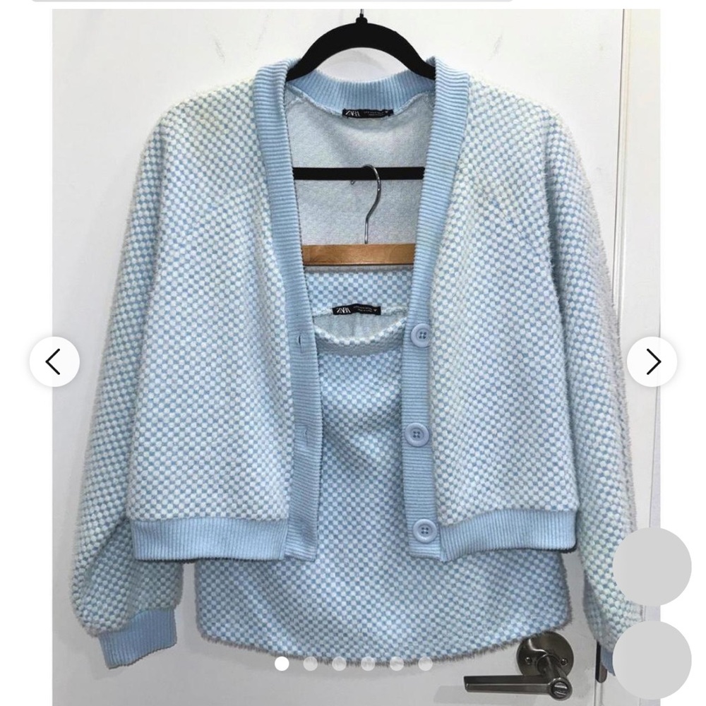 NWT! Zara Fuzzy Soft Checkered Jacquard Mod Mini Skirt - Light Blue and White, M